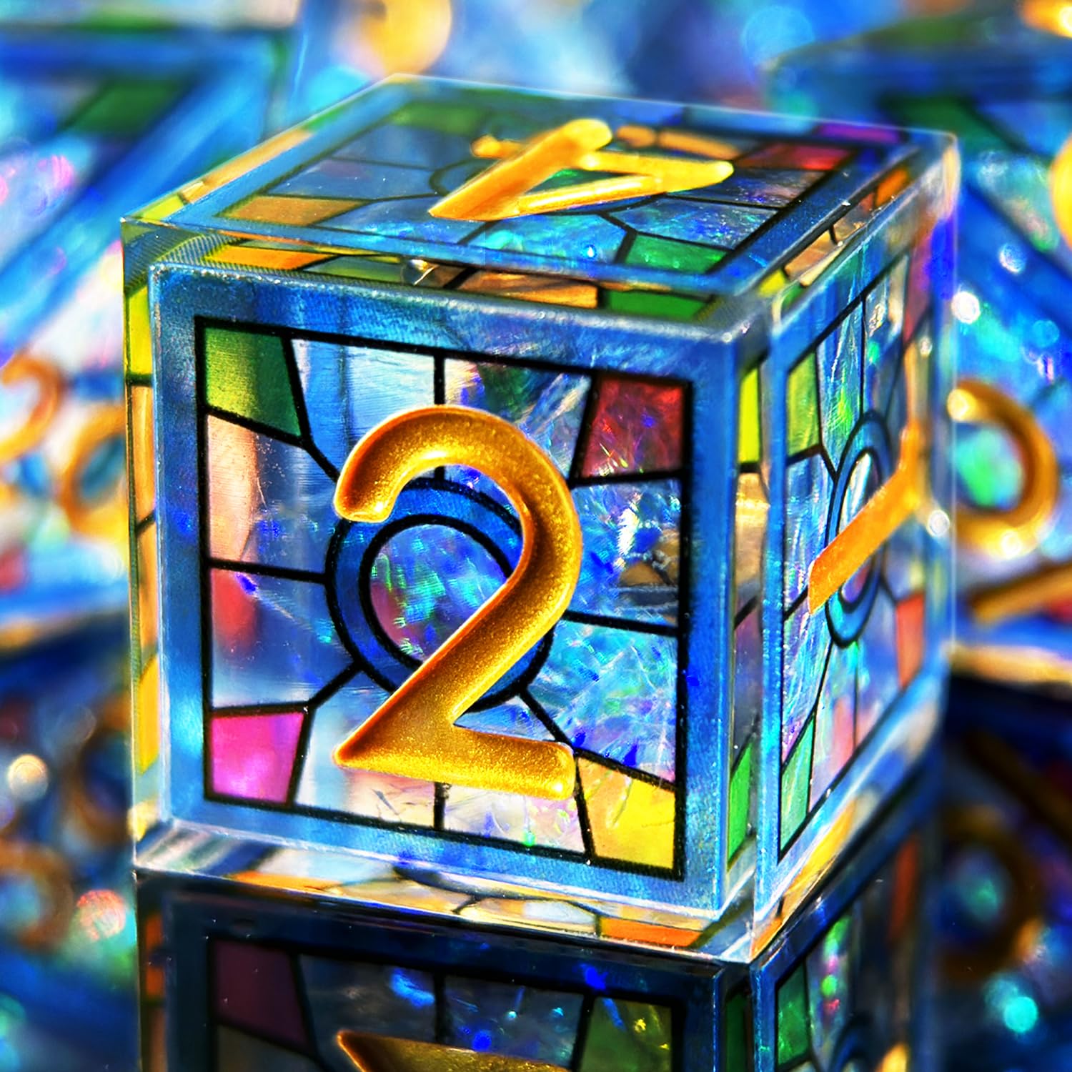 HAOMEJA Blue Sky stained-glass resin dice glow in light.