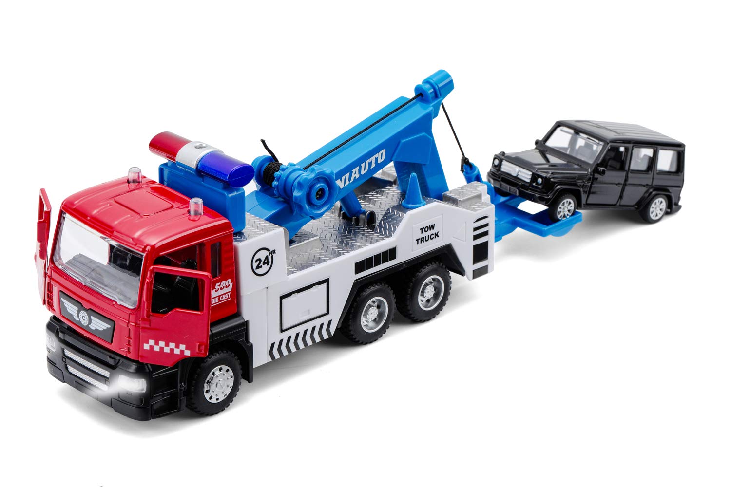 haomsj toy tow truck pull back features lights and sound for engaging imaginative city play.
