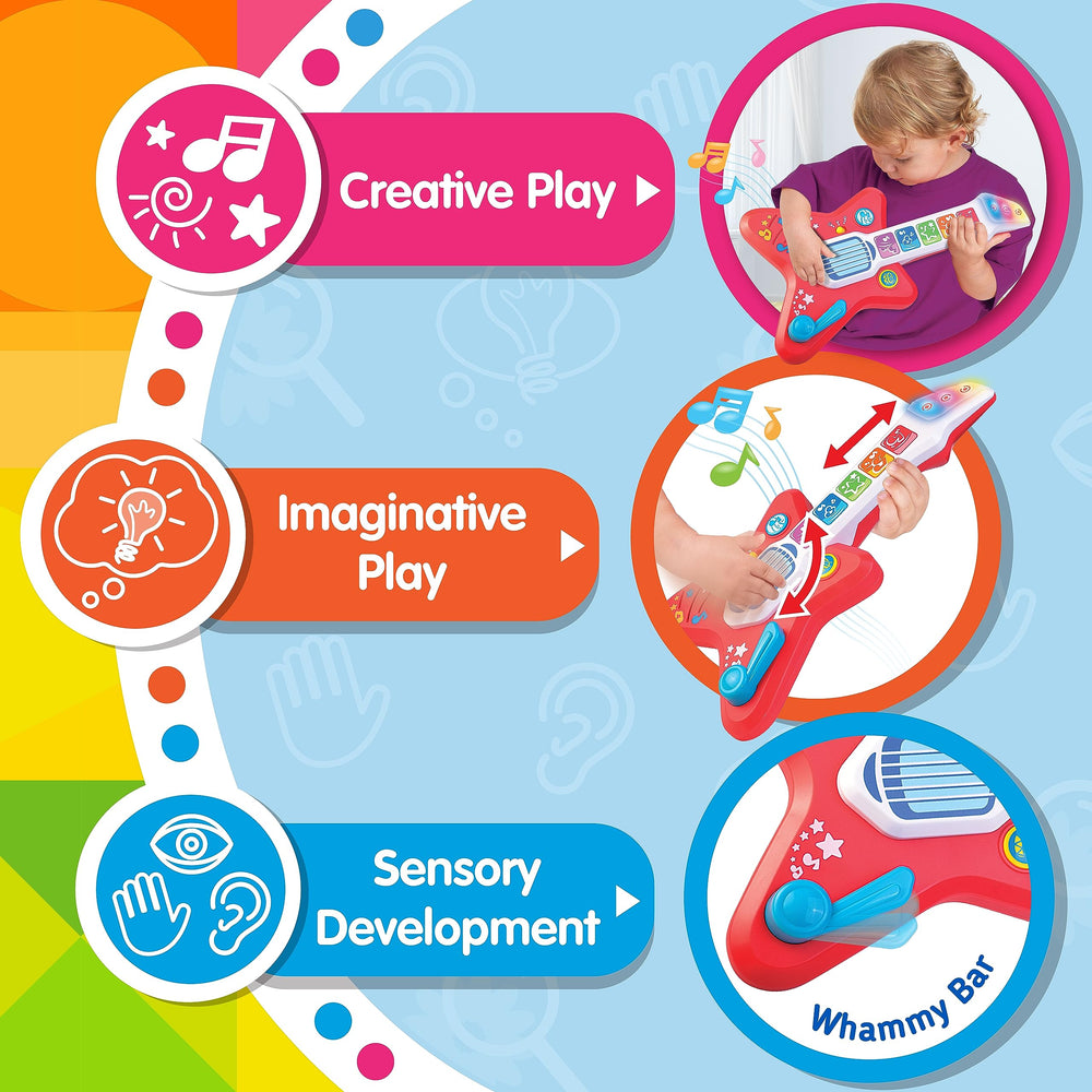 HAP-P-KID Magic Touch Guitar built-in songs accompany playtime for little musicians.