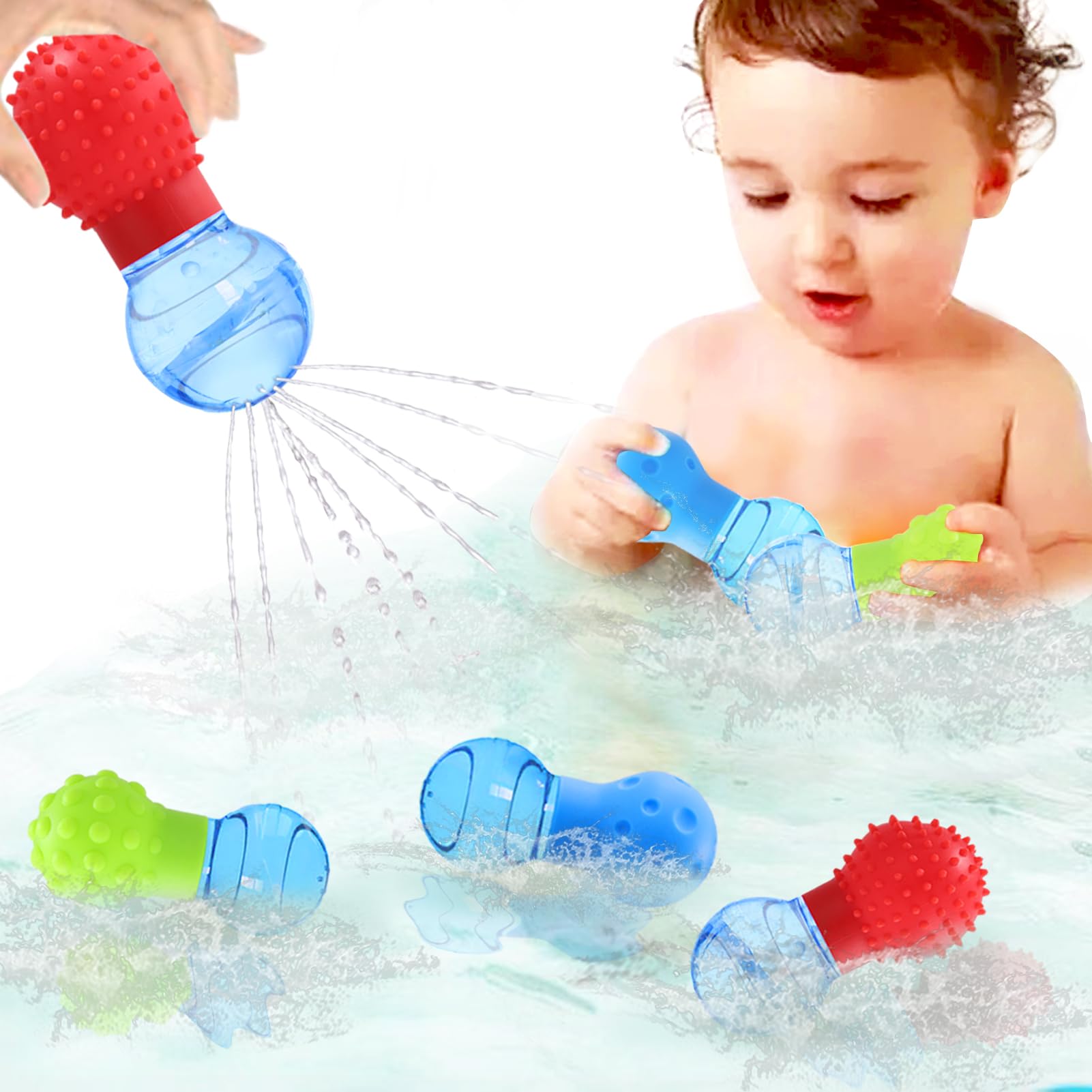 HAPATOYS 3-pack group shot showing colorful bath toys for toddlers