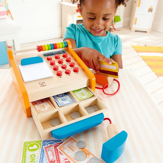 Hape Checkout Register barcode scanner fosters realistic store role-play and learning