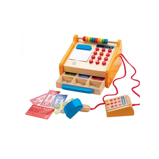 Hape Checkout Register with cash drawer and card reader for cooperative pretend play