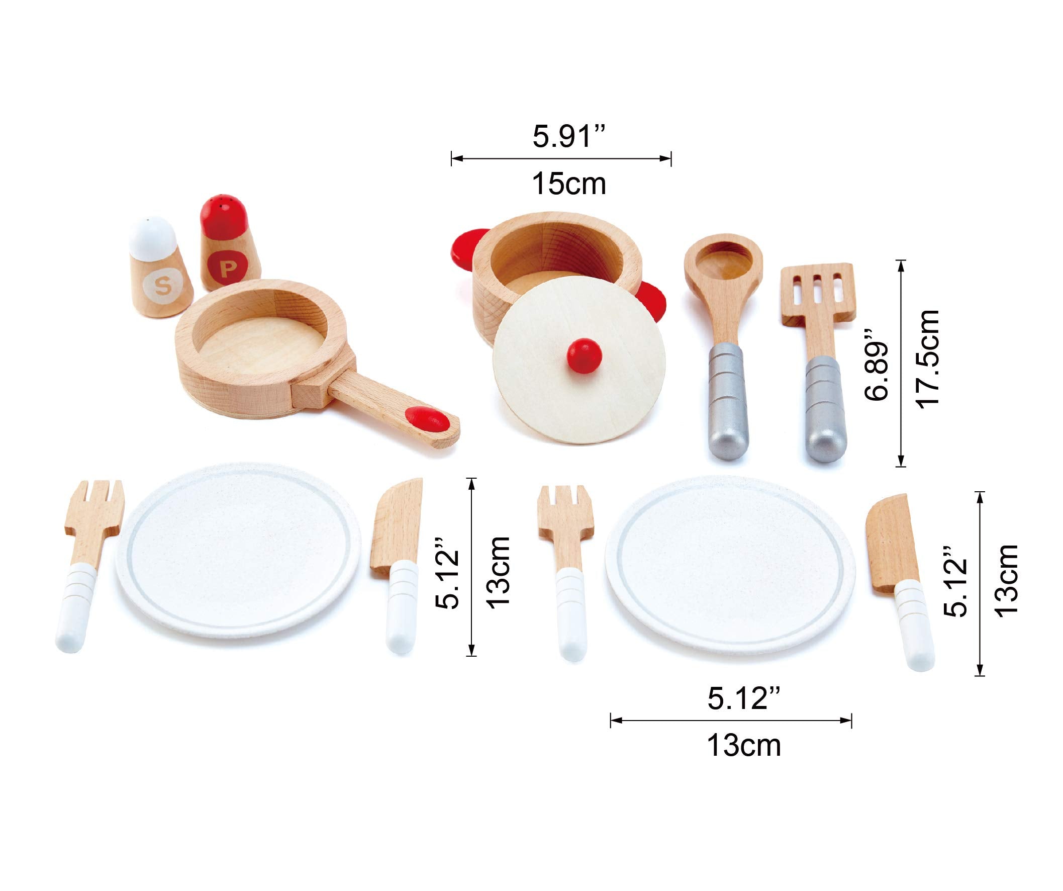 Hape Cook and Serve Set salt and pepper shakers add authentic seasoning cues.