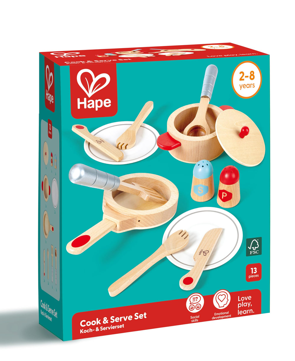 Hape Cook and Serve Set complete set fosters cooperative pretend meals.