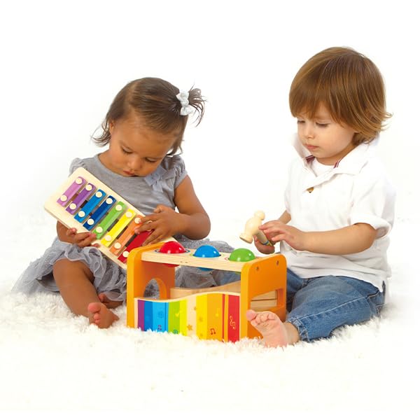 Hape Pound & Tap Bench ball drops onto the xylophone for musical notes