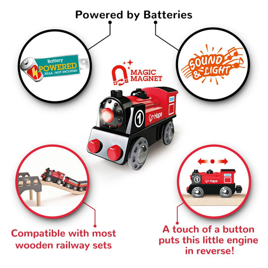 Hape Railway Battery Powered Train side view; compatible with wooden track sets