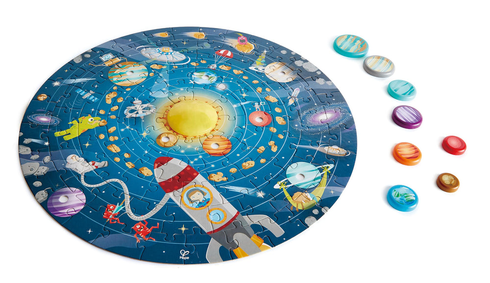 Double-sided poster with planet facts complements the space-themed puzzle