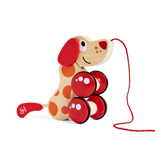 Hape Walk-A-Long Puppy side view showing wooden body design
