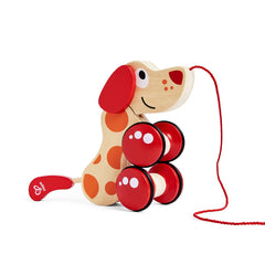 Hape Walk-A-Long Puppy side view showing wooden body design