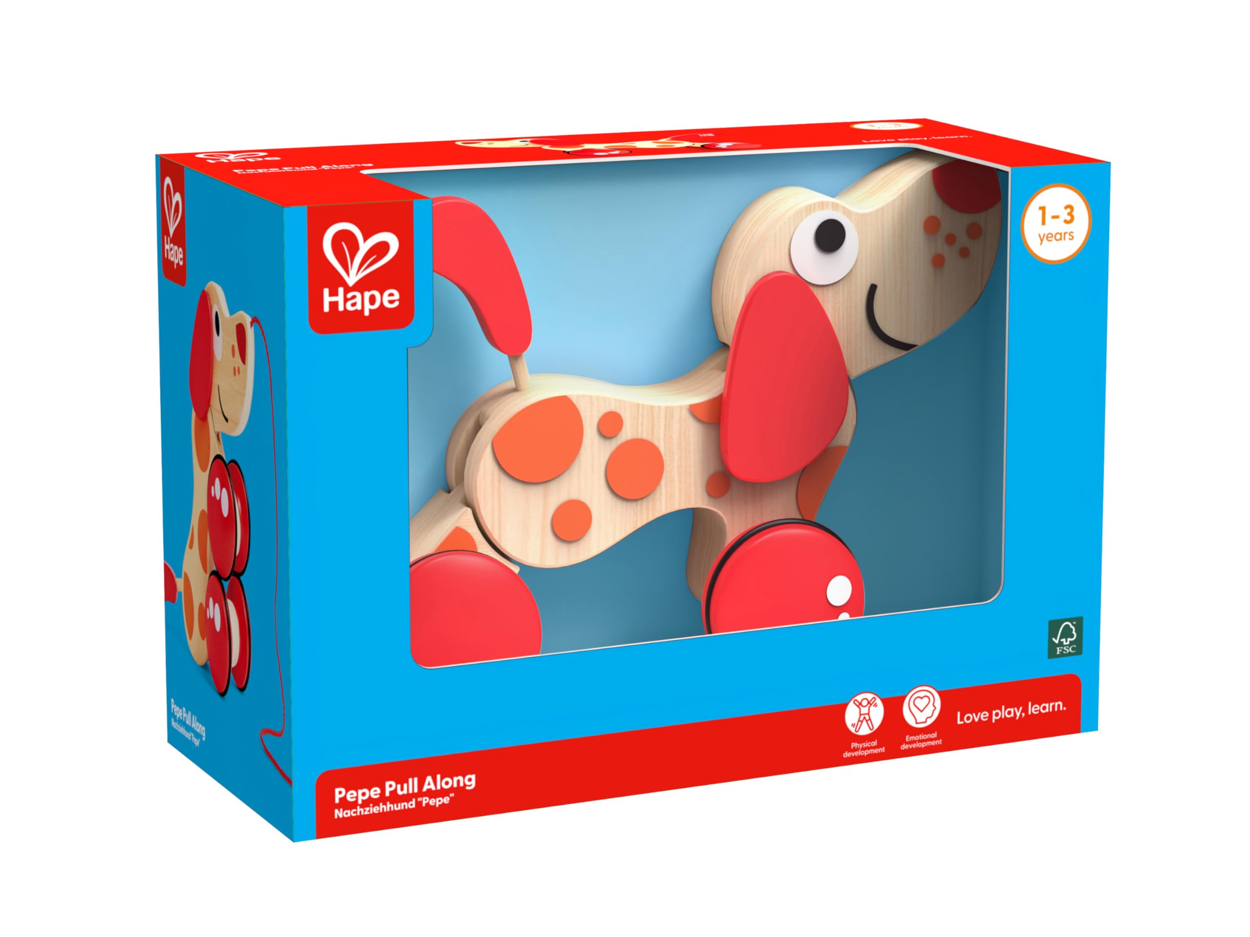 Hape Walk-A-Long Puppy with rubber wheels on a floor
