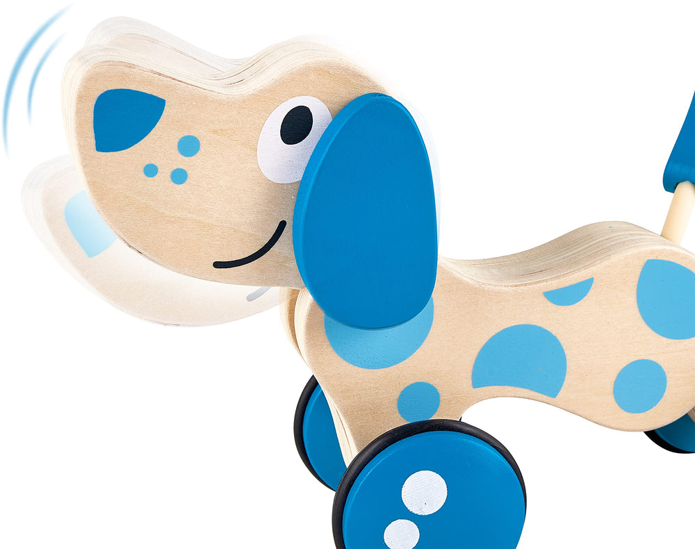 Hape Walk-A-Long Puppy wheels provide smooth, quiet push and pull