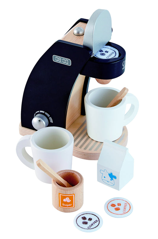 Hape wooden coffee maker dial detail enhances realistic pretend play and motor skills.