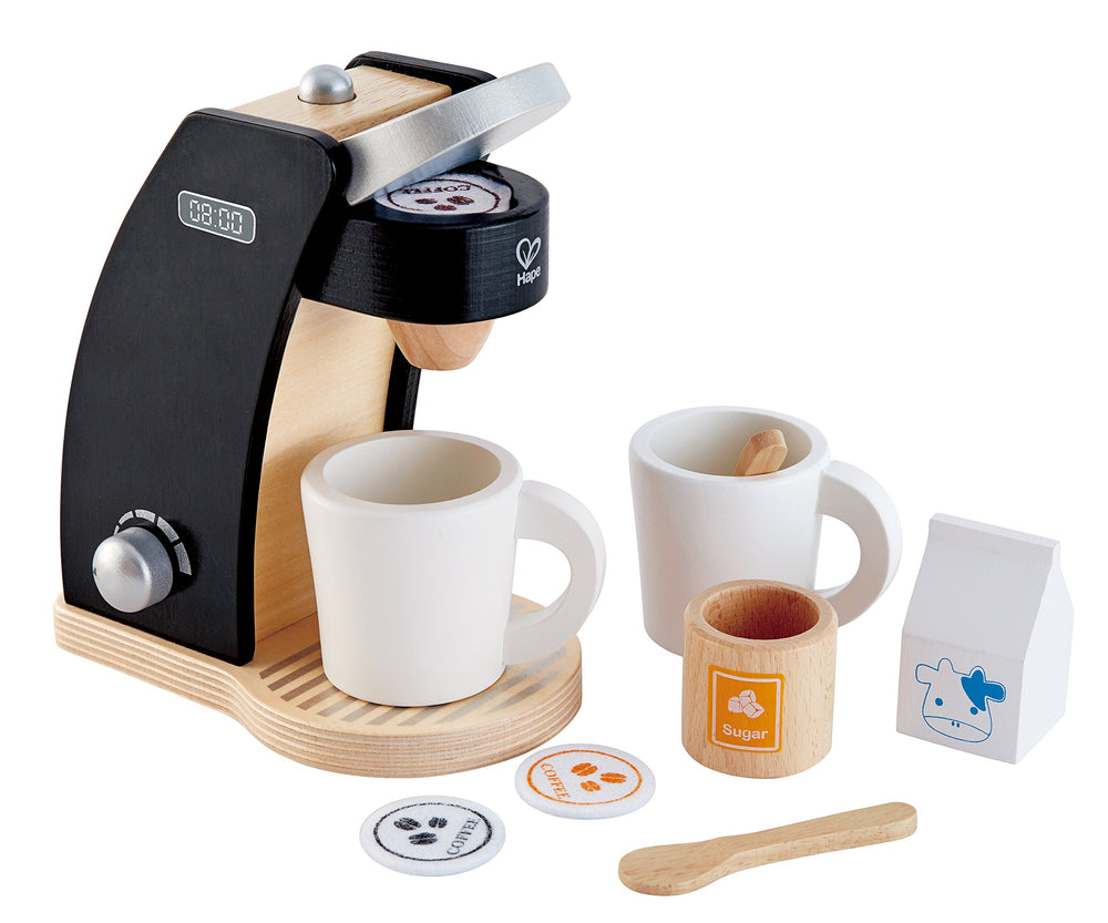 Hape wooden black coffee maker front view with dial for imaginative play.