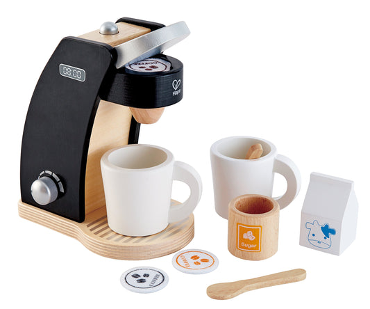 Hape wooden black coffee maker front view with dial for imaginative play.