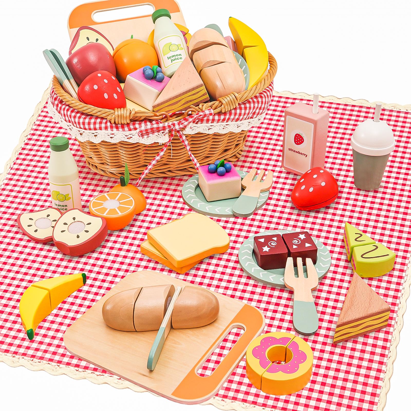 HAPGFS wooden picnic basket set with play food for imaginative outdoor picnics
