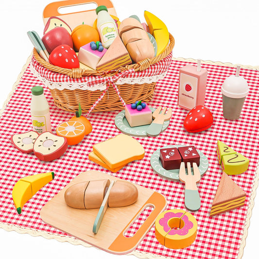 HAPGFS wooden picnic basket set with play food for imaginative outdoor picnics