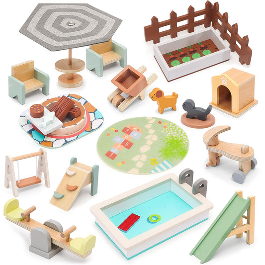 HAPGFS wooden doll house outdoor set slide for imaginative play and motor skill growth.