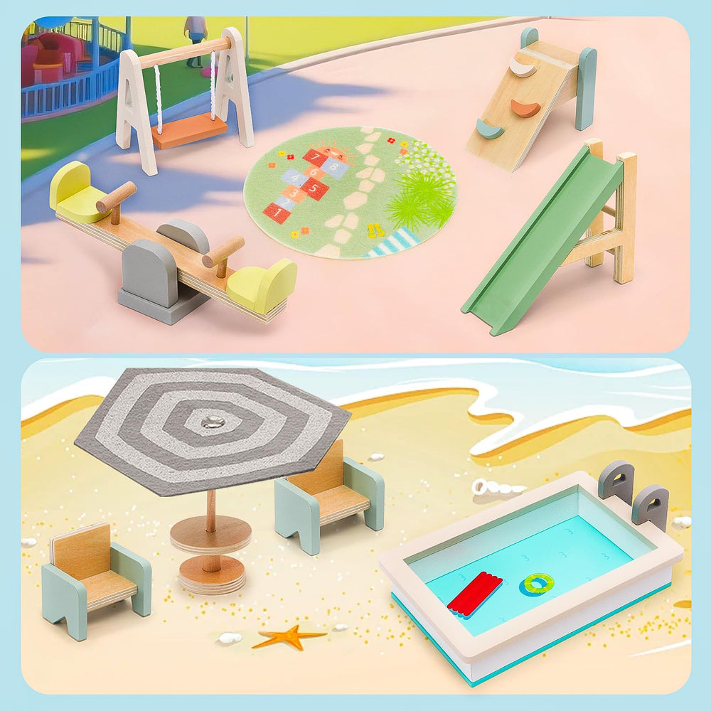 HAPGFS wooden doll house set swing promotes balance and active play.