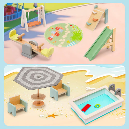 HAPGFS wooden doll house set swing promotes balance and active play.