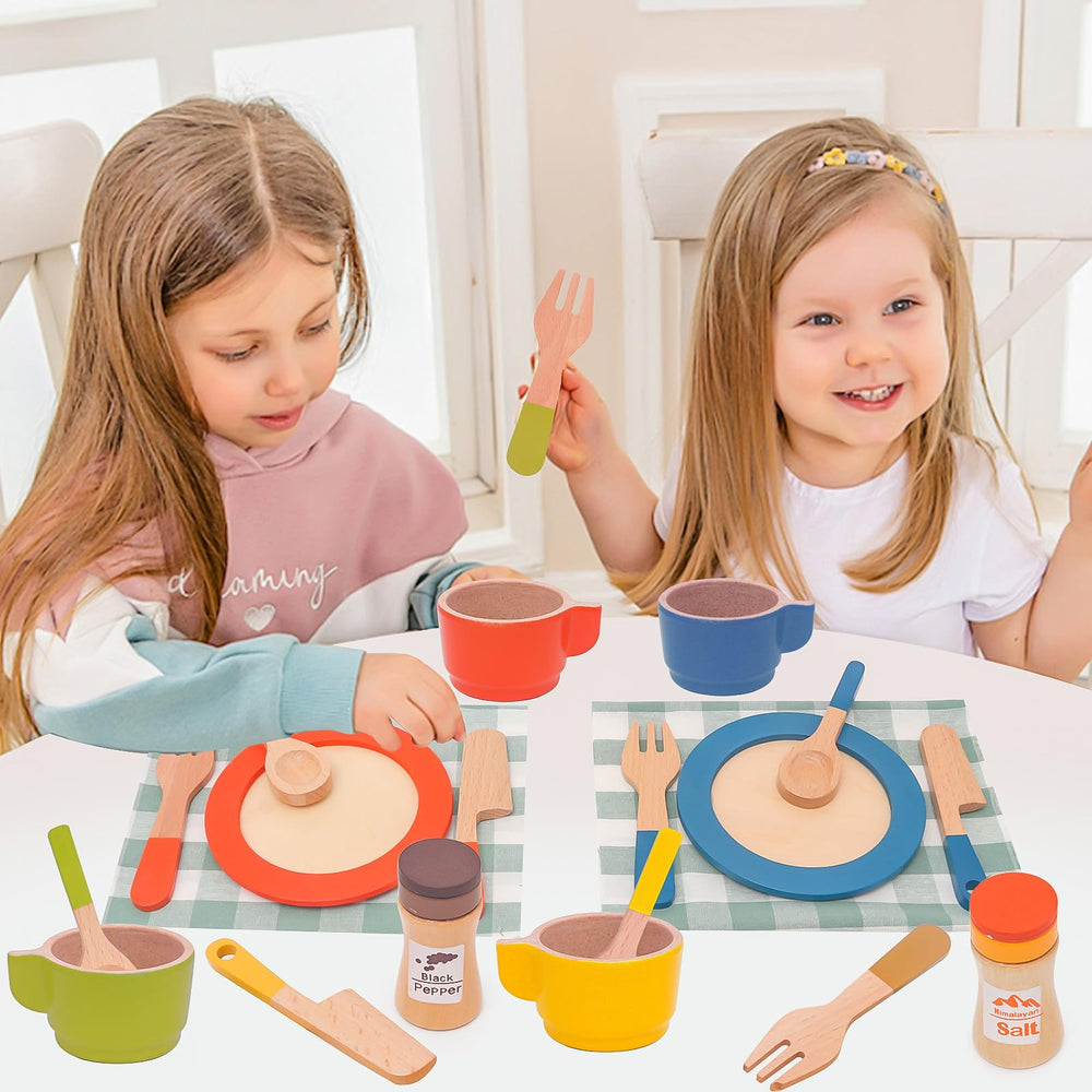 HAPGFS wooden play dishes assembly set invites kids to arrange and serve meals.