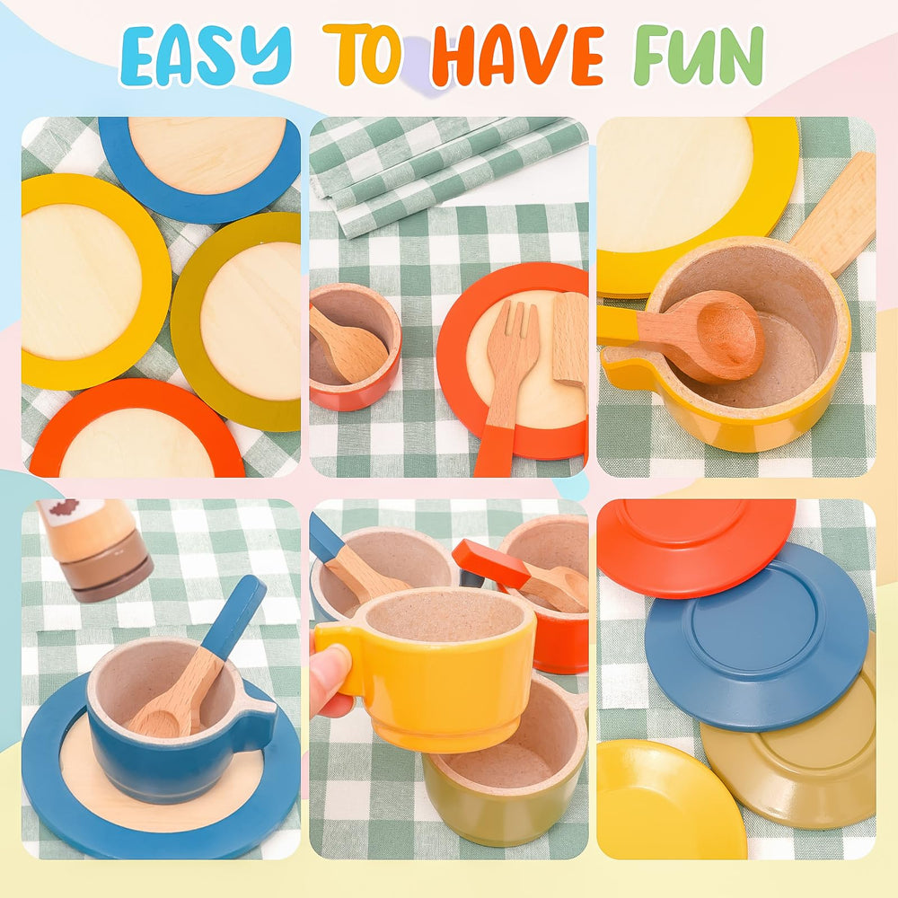 HAPGFS wooden play dishes cups offer colorful sipping tools for hours of imaginative snacking.