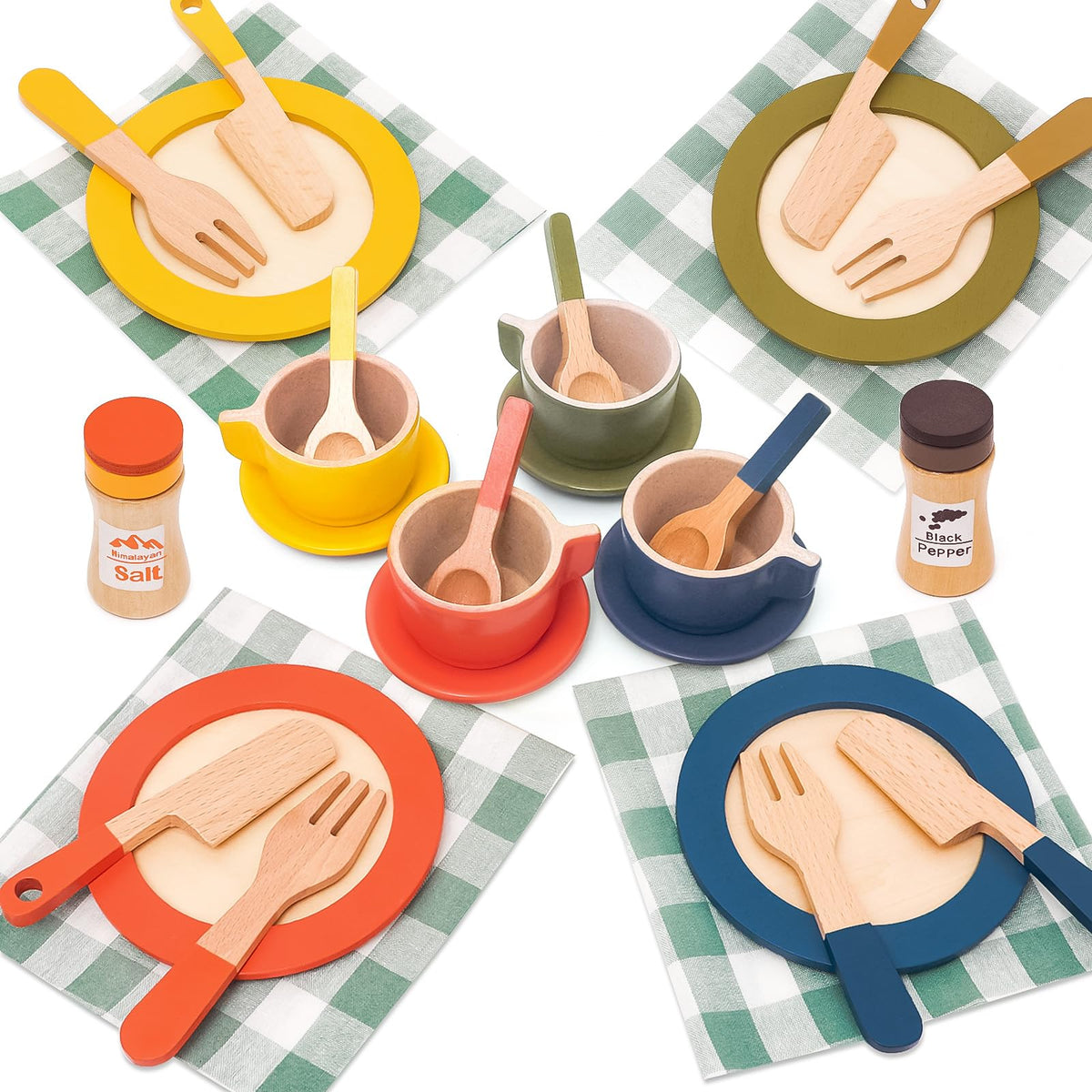 HAPGFS wooden play dishes plates for kids, durable and colorfully designed for imaginative meals.