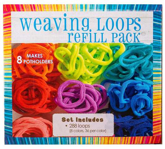 Hapinest refill loops enable vibrant potholder patterns on a 7x7 loom.
