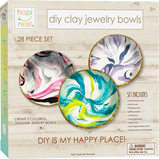 Hapinest Make Your Own Clay Jewelry Dish Kit packaging showing contents for easy gift-ready crafting