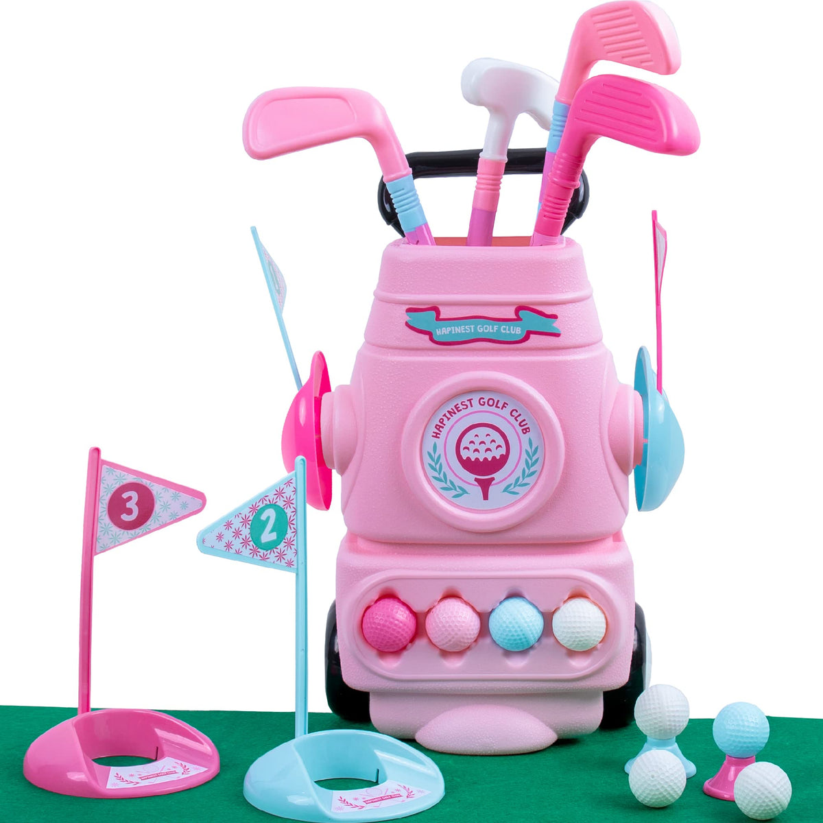 Hapinest Toddler Girl Golf Set pink bag for indoor and outdoor play.
