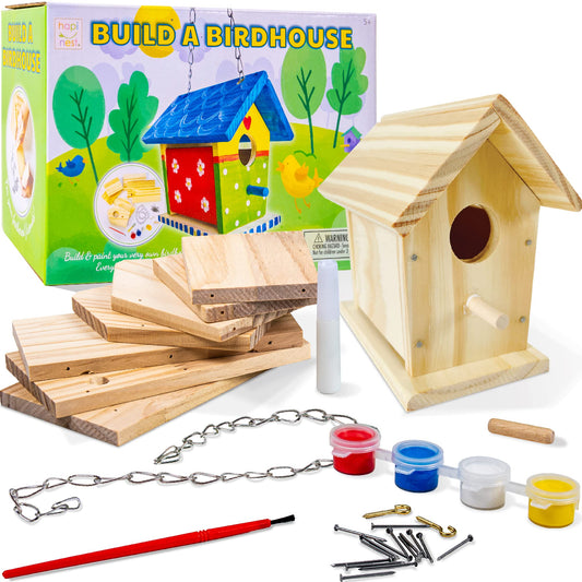 Hapinest wooden birdhouse kit parts ready for simple assembly and creativity.