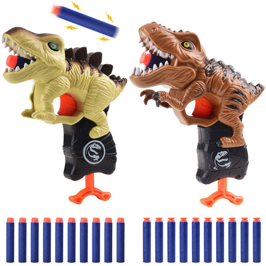 Happitry dinosaur gun toy front view shows compact toddler-friendly design.