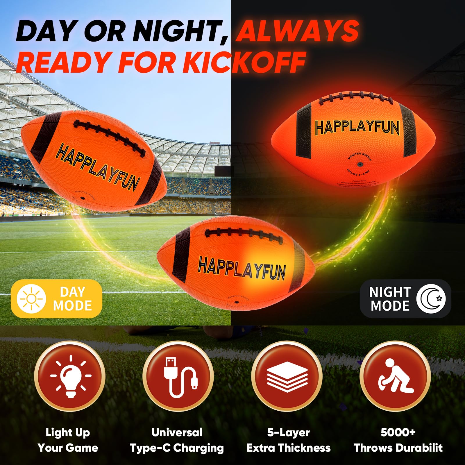 Happlayfun glow-in-the-dark football designed for safe outdoor play.