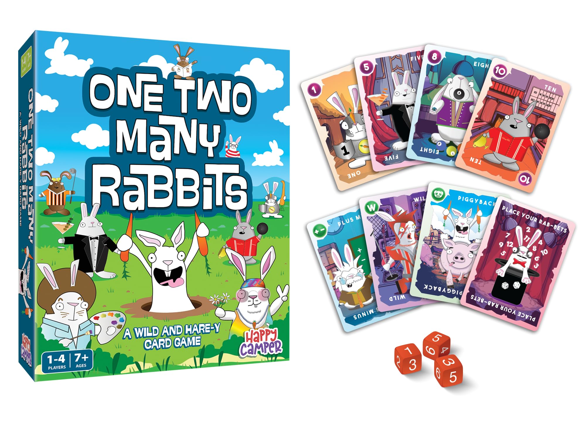 Happy Camper One Two Many Rabbits card collection showcases colorful cards and quick combos.