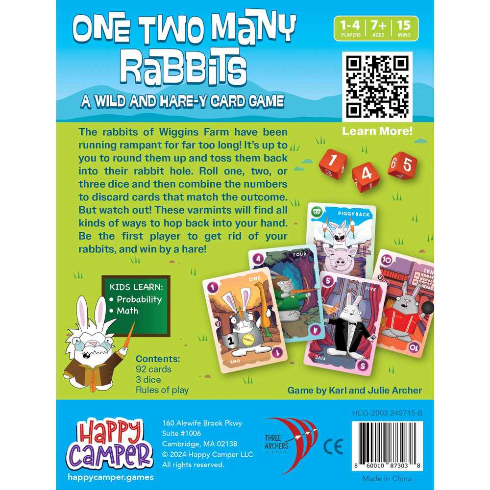 Happy Camper One Two Many Rabbits family game night setup for joyful learning.