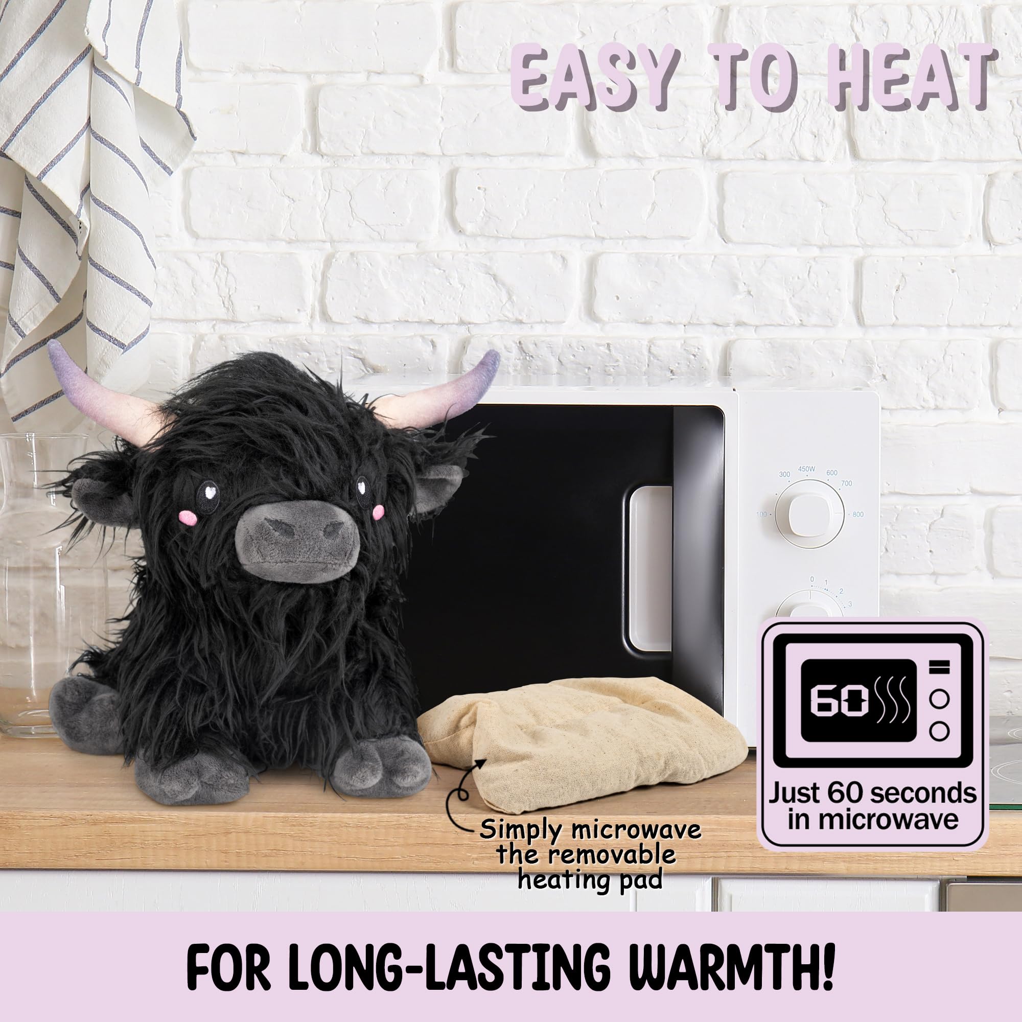 Happy Fuel Highland Cow in-use heating pad delivering cozy warmth