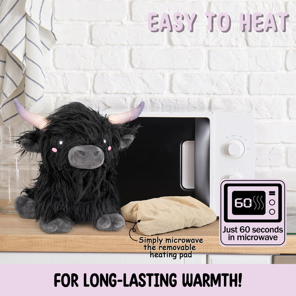 Happy Fuel Highland Cow in-use heating pad delivering cozy warmth