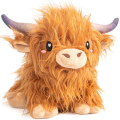 Happy Fuel Highland Cow heating pad plush with compact design for easy warming.