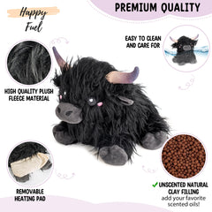 Happy Fuel Highland Cow heating pad side view highlighting soft texture and warmth