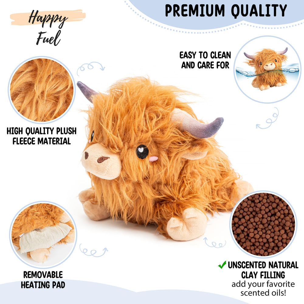 Happy Fuel Highland Cow plush toy in soft fabric perfect for cuddles.