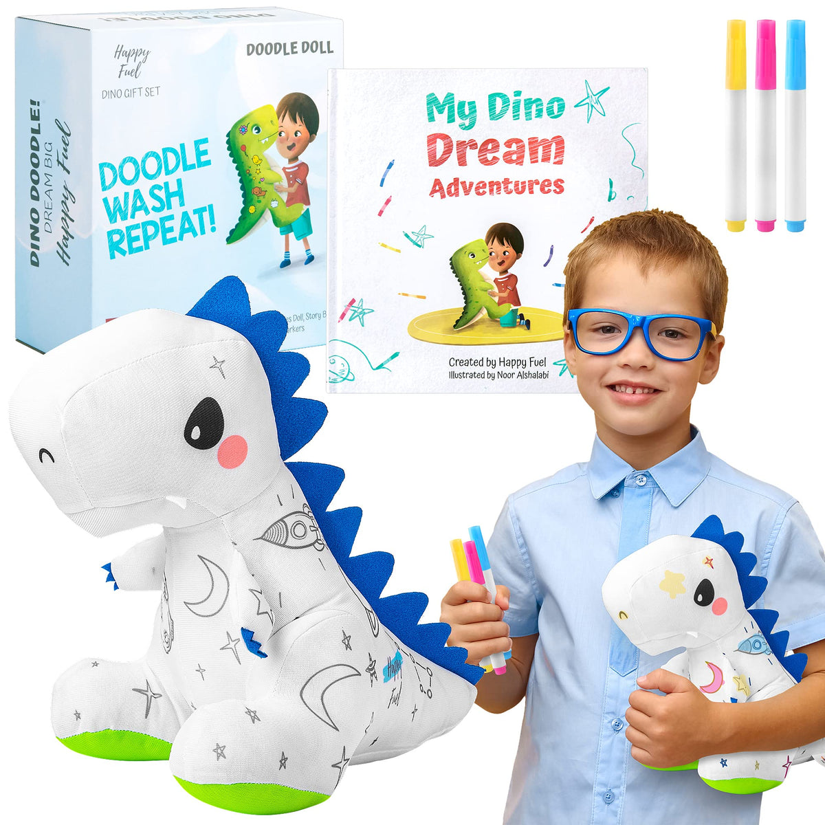 Happy Fuel T-Rex plush with coloring kit ready for creative play.