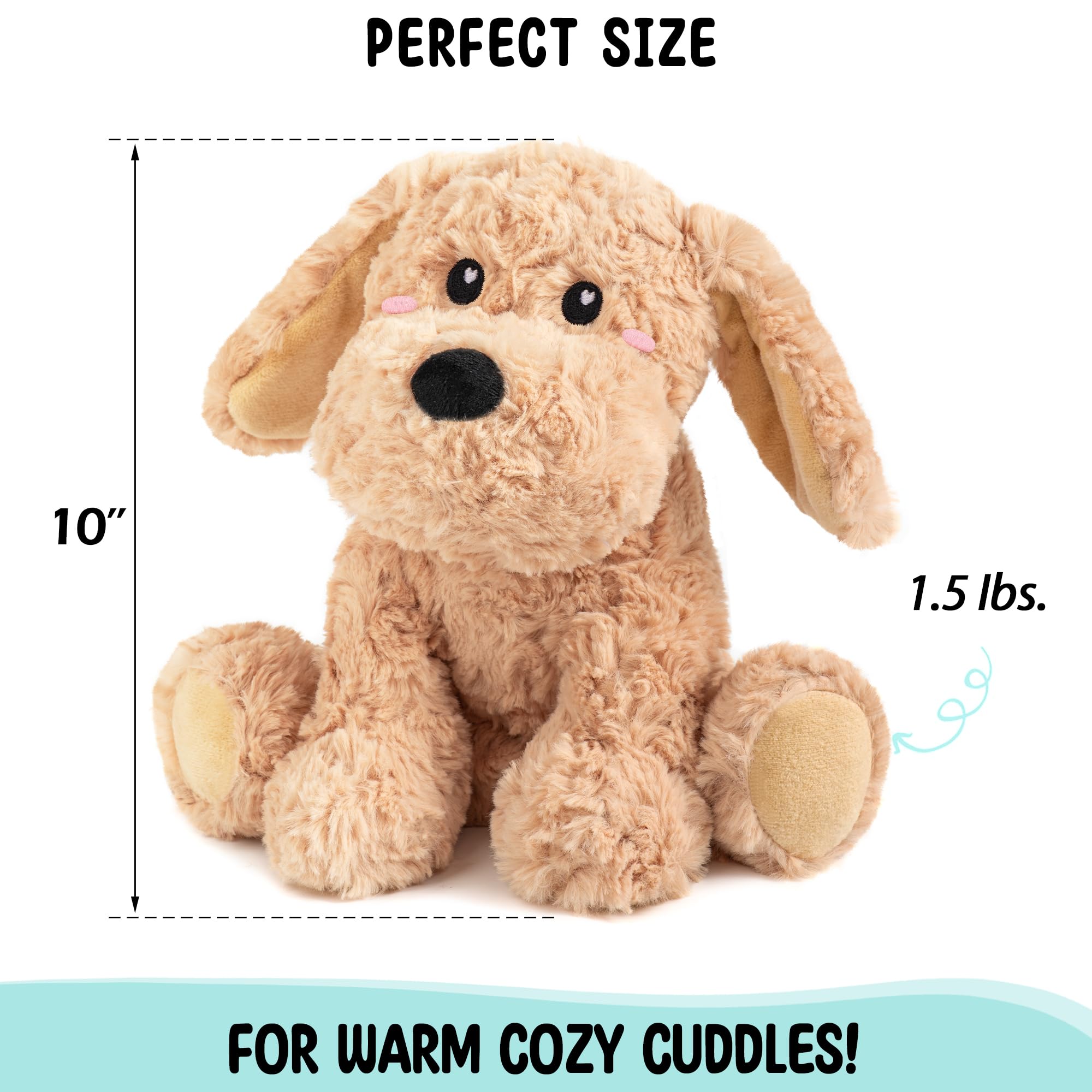 Happy Fuel weighted puppy plush provides a steady hug-like support.
