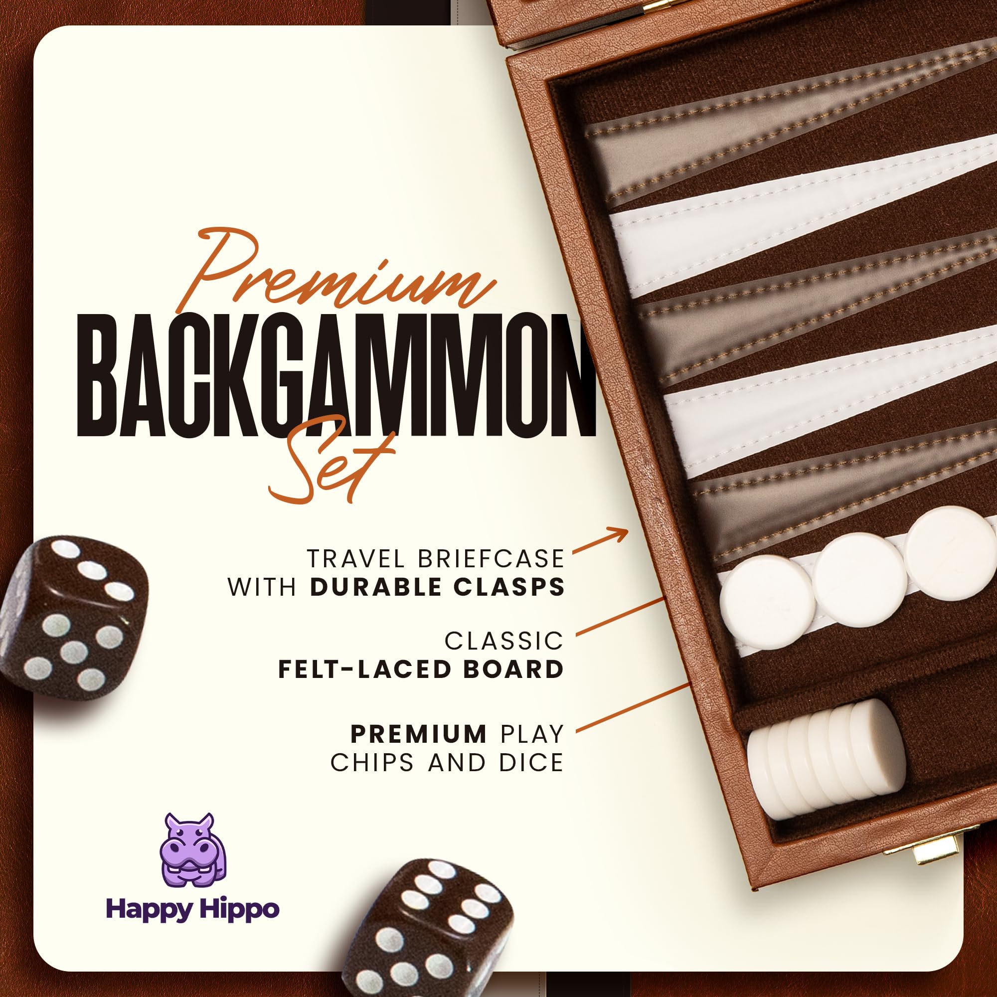 Happy Hippo backgammon contents box showcases the complete set