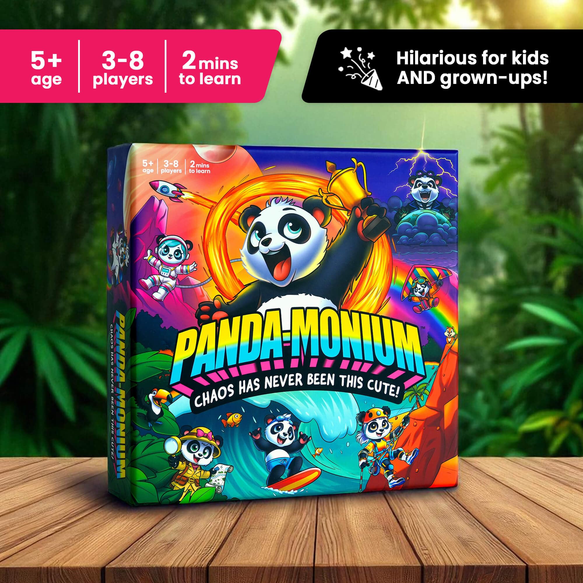 Happy Yeti Games Pandamonium cards spread for quick, chaotic rounds.