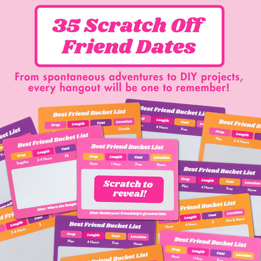 Happy Duo scratch-off date ideas card spread, ready to reveal adventures with friends.