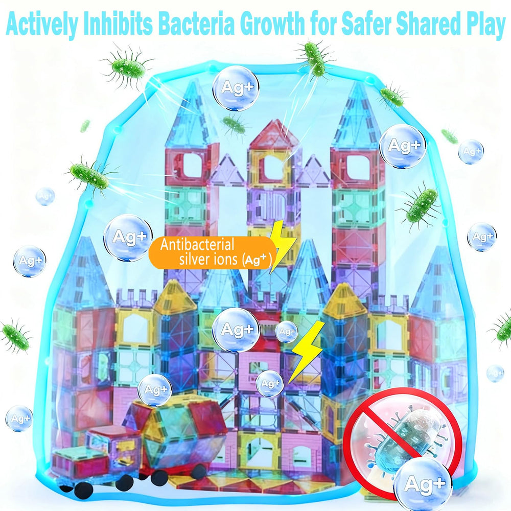 HAPPYMATY 106-piece magnets with 2 cars in action encourage imaginative play.