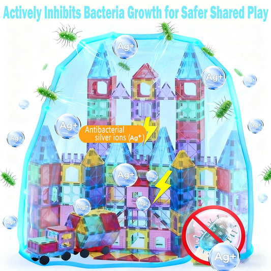 HAPPYMATY 106-piece magnets with 2 cars in action encourage imaginative play.