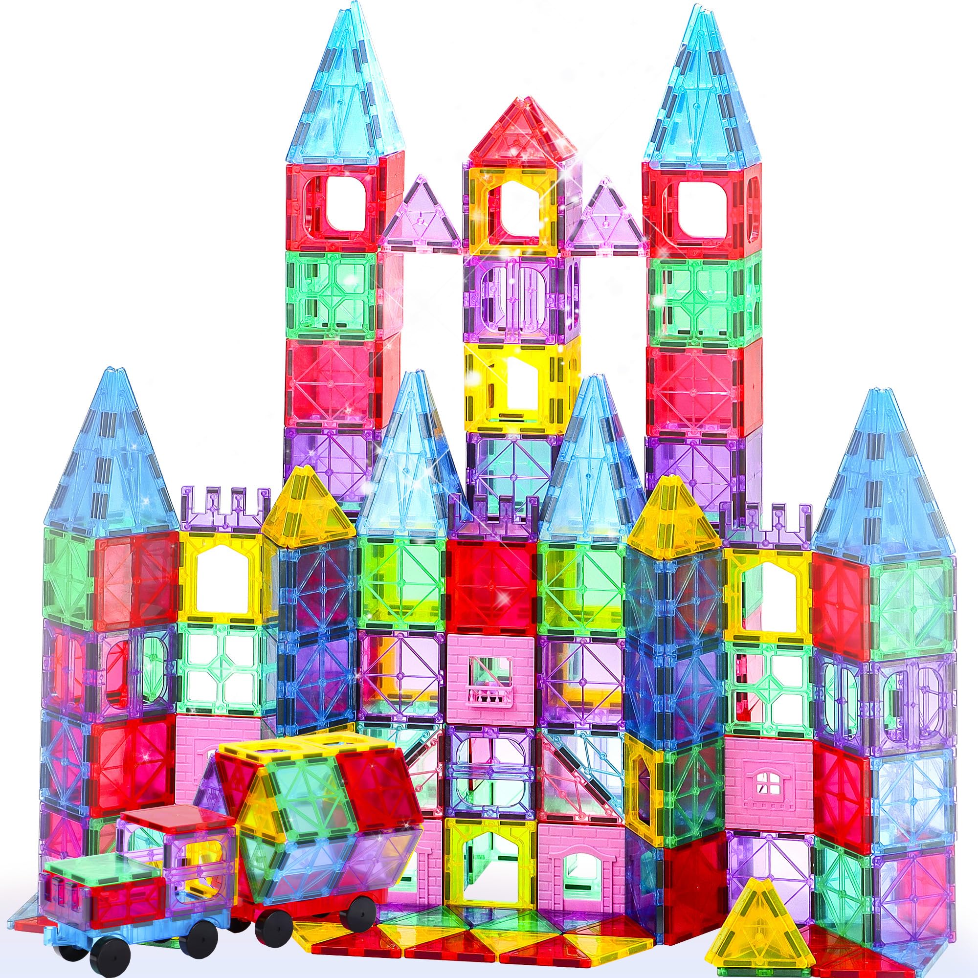 HAPPYMATY upgraded antibacterial magnetic tiles kit on table for safe, creative building.