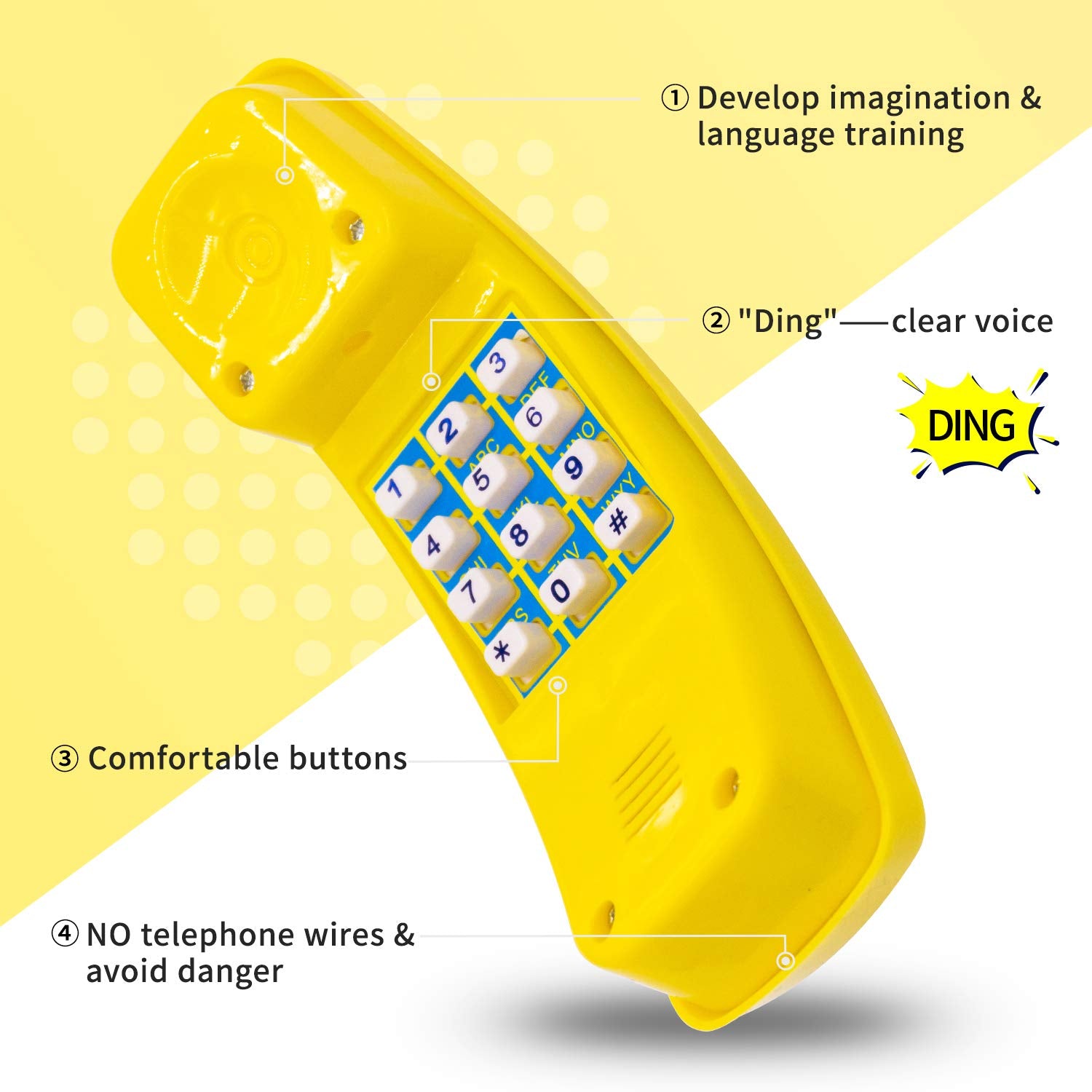 HappyPie toy phone ding sound close-up signals satisfying sensory feedback during pretend calls.