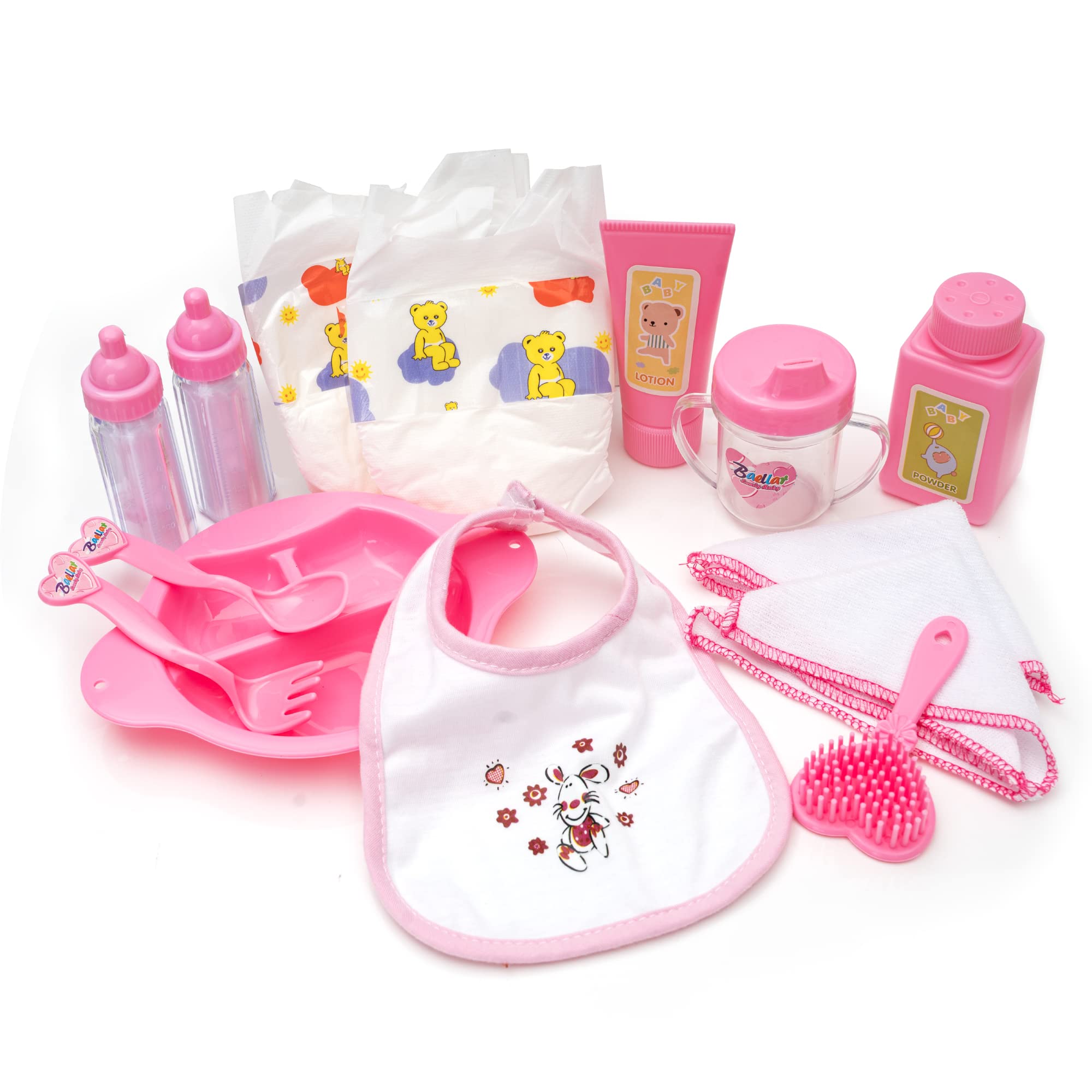 HappyVk 14-Piece Doll Accessory Set with bottles and diapers for imaginative care.