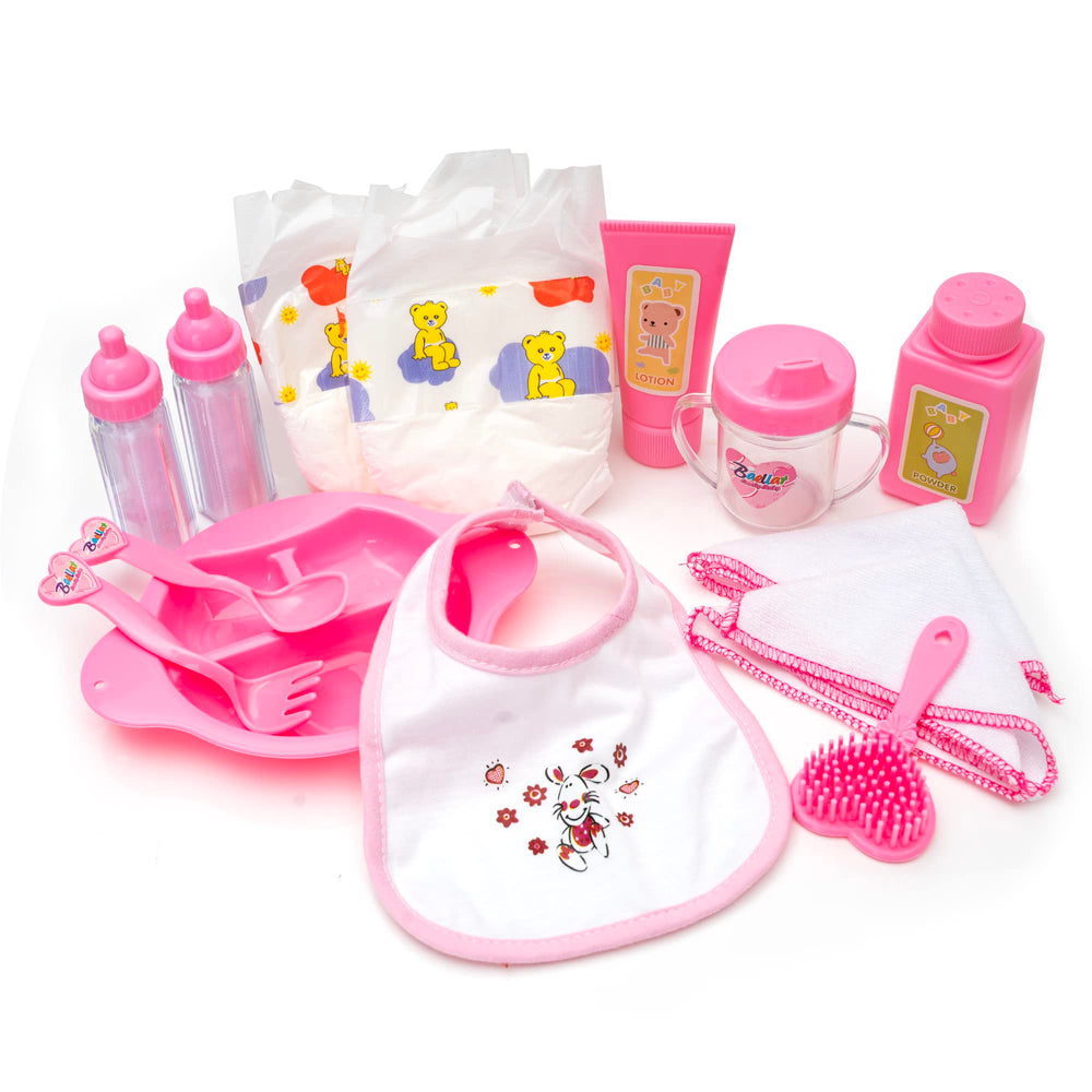 HappyVk 14-Piece Doll Accessory Set with bottles and diapers for imaginative care.
